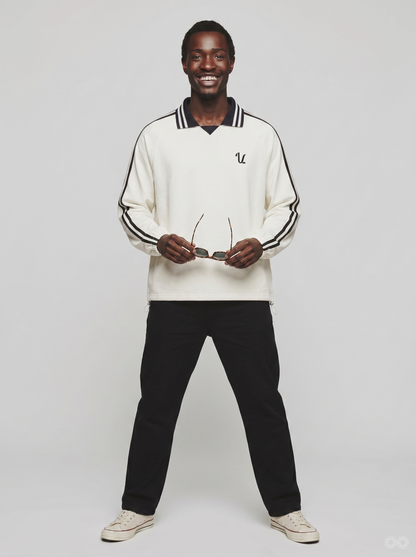 Contrast Striped Lapel Collar Sweatshirt